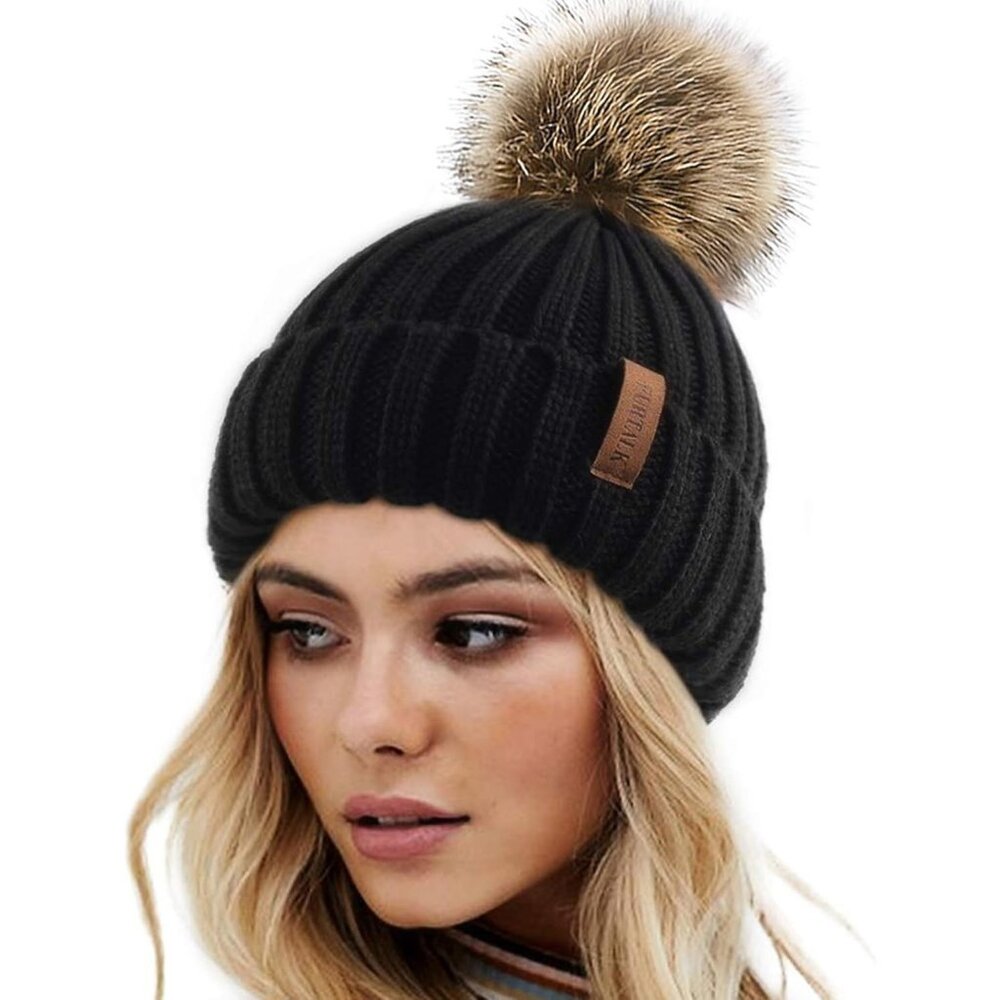 Women's Black Winter Warm Knitted Beanie Faux Fur Pom Knit Skull Style Hat Cap